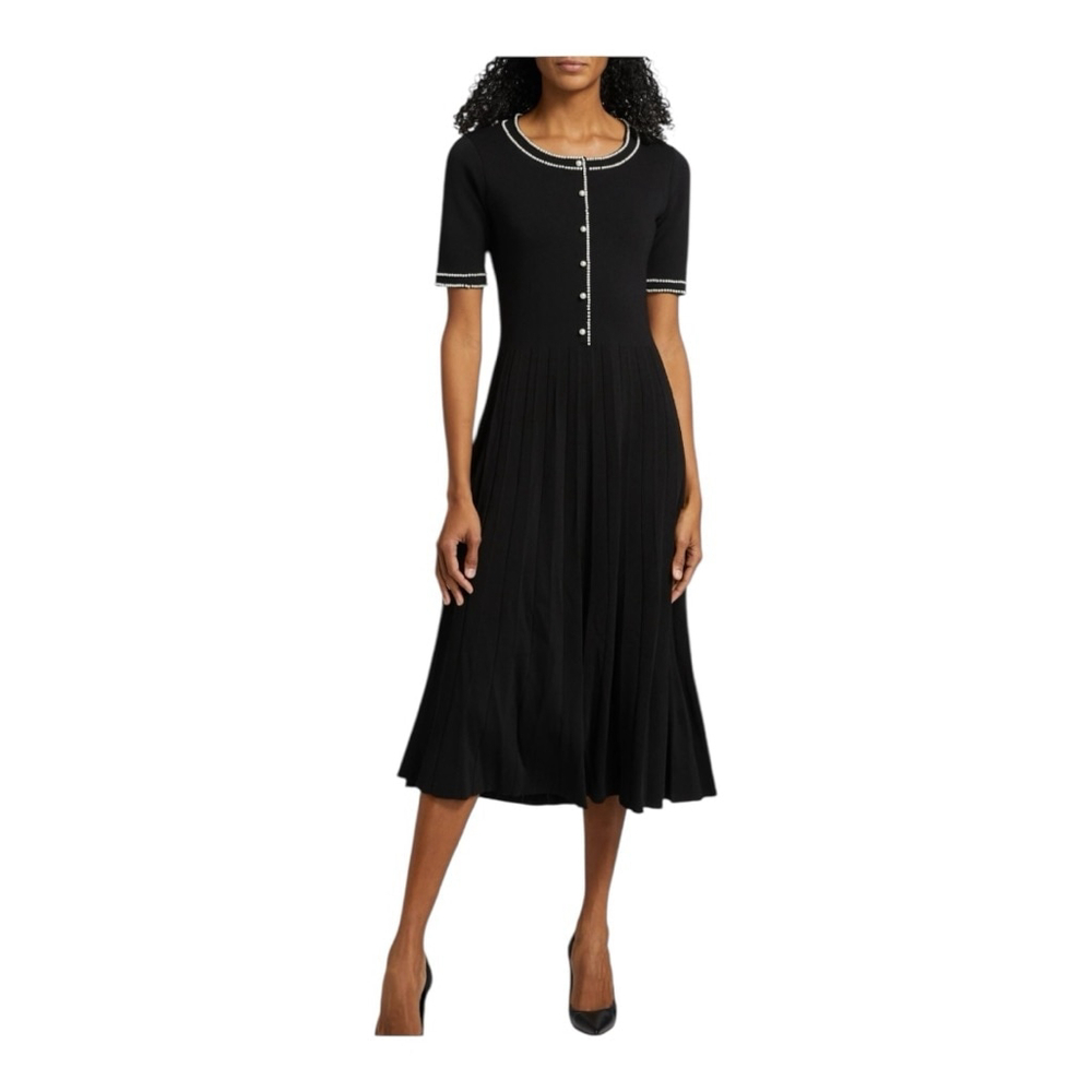 Elie Tahari Leona Black Knit Sweater Dress with Pearl Embellishments. Size M